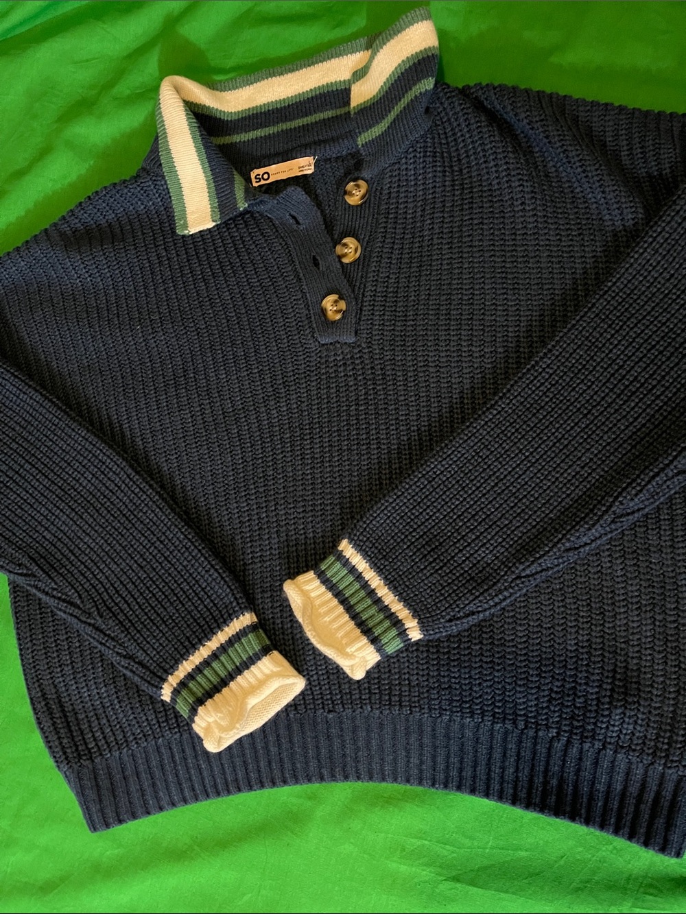 SO Navy Knit Crewneck Sweater with Striped Collar